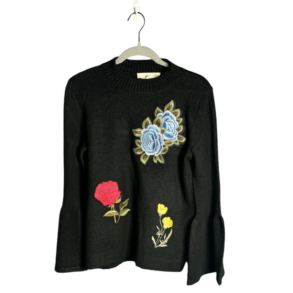 Artisan Crafted Black High Neck Embroidered Sweater Flared Sleeves XS